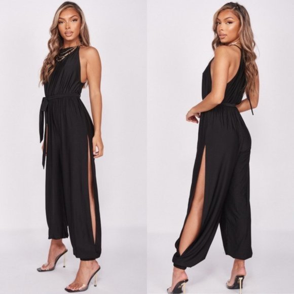 Pants - Black Sleeveless Side Slit Belted Jumpsuit Playsuit